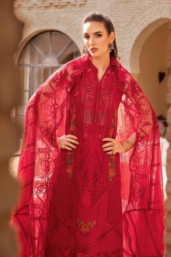 SR-2590A Lawn Unstitched Embroidered 3pc Suit With Organza Embroidered Dupatta