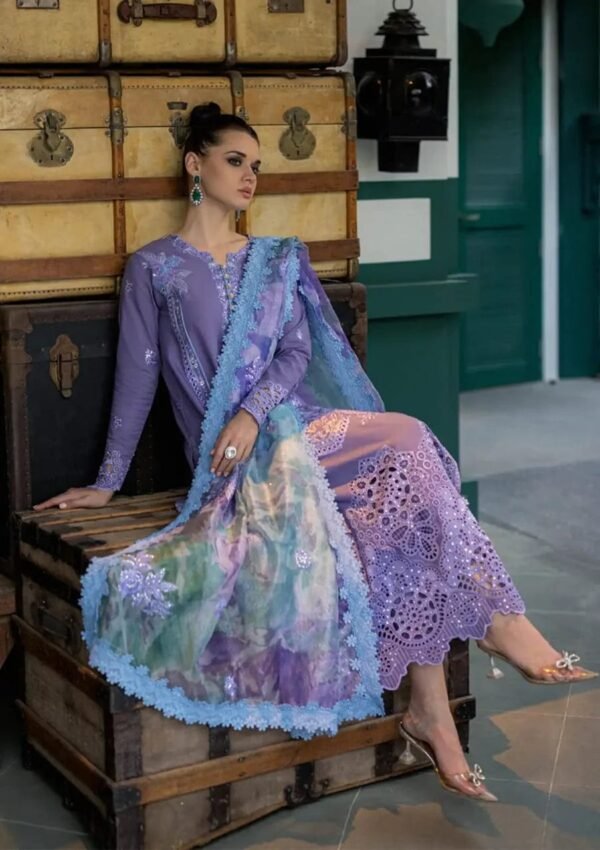 OR-86 Lawn Unstitched 3pc Fully Embroidered Suit With Cotton Net Silky Printed Dupatta 4 Sided Embroidered Lace