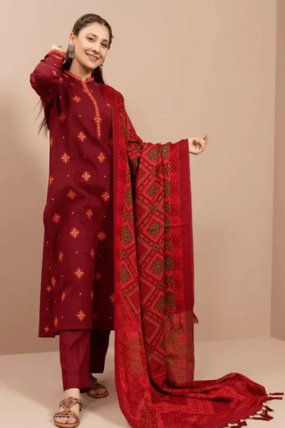 BR_750 Unstitched Embroidered Dhanak Suit Printed Woolen Shawl