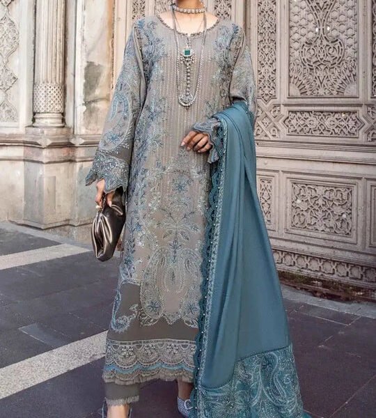 IZ01 Unstitched Embroidered Dhanak Wool Suit With Embroidered Dhanak Shawl