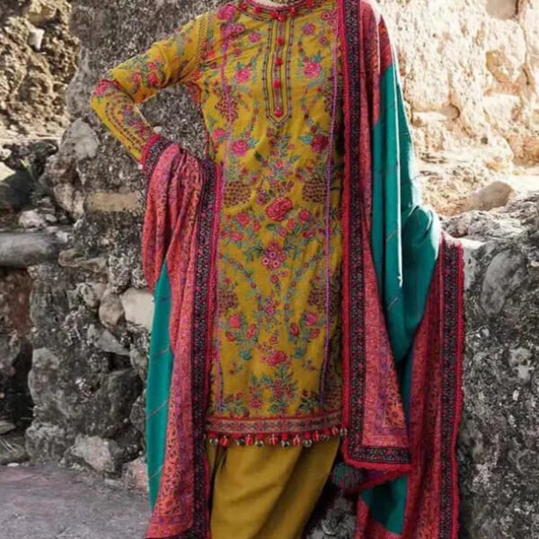 SR-675 Dhanak Embroidered Suit With Digital Printed Wool Shawl