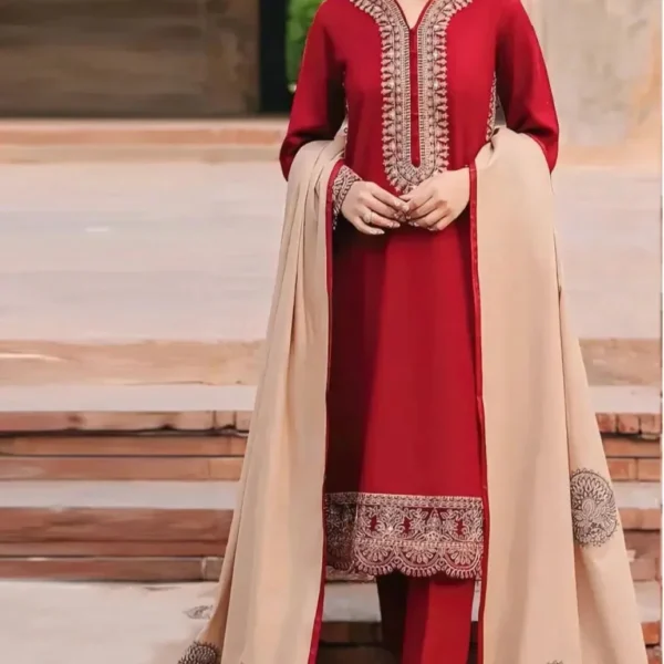 ZK-970 Unstitched Embroidered Dhanak Suit With Embroidered Dhanak Shawl