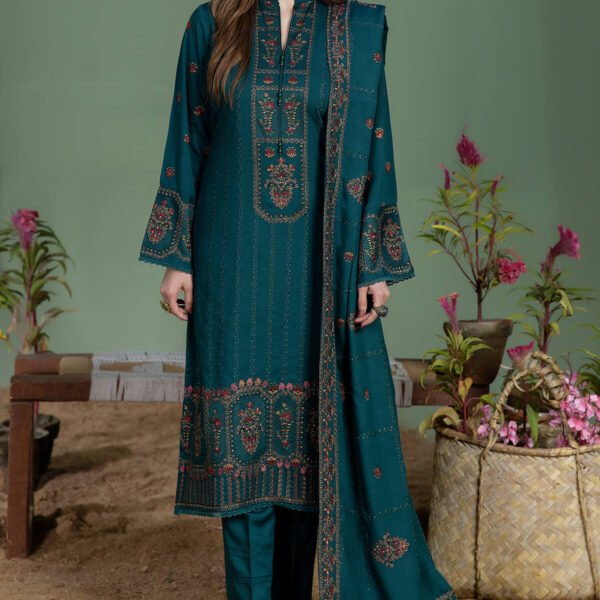 AJ-940 Unstitched Dhanak Stuff Full Embroidered Suit With Dhanak Embroiderd Shawl