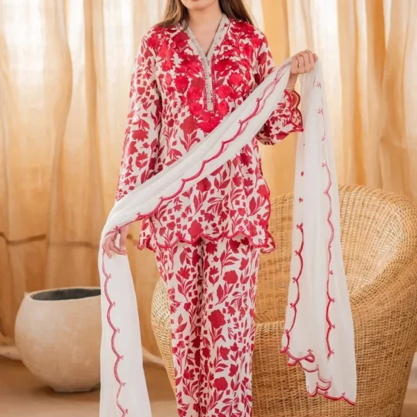 3 Piece -Unstitched Digital Printed Lawn Fabric With Embroided Bamber Chiffon Dupatta