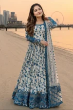 FS-1000 Lawn Unstitched Frock Fully Embroidered 3pc Suit With Organza Embroidered Dupatta