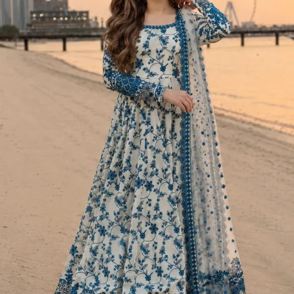 FS-1000 Lawn Unstitched Frock Fully Embroidered 3pc Suit With Organza Embroidered Dupatta