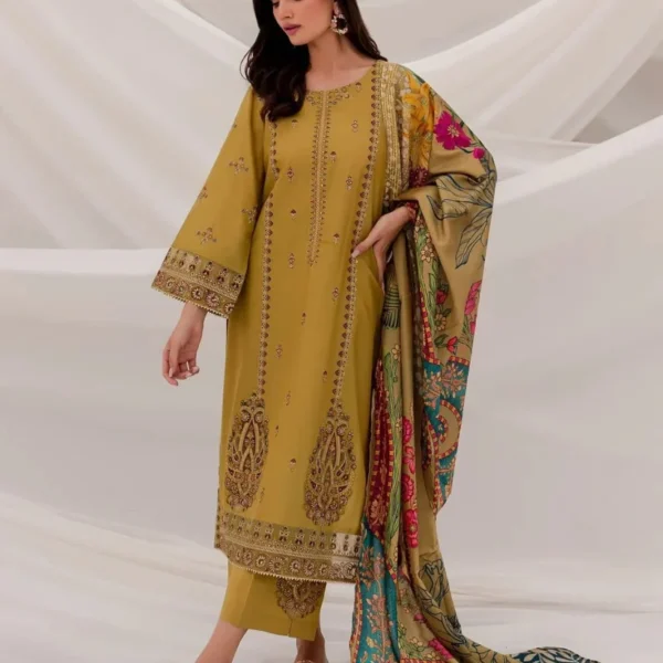 AA-20 Lawn Embroidered 3pc Suit With Slub Cotton Digital Printed Dupatta