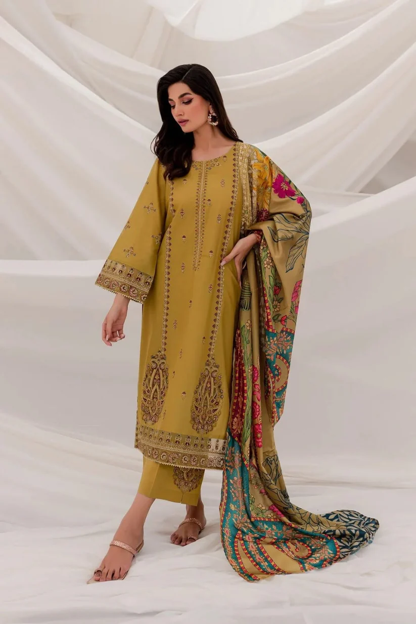 AA-20 Lawn Embroidered 3pc Suit With Slub Cotton Digital Printed Dupatta