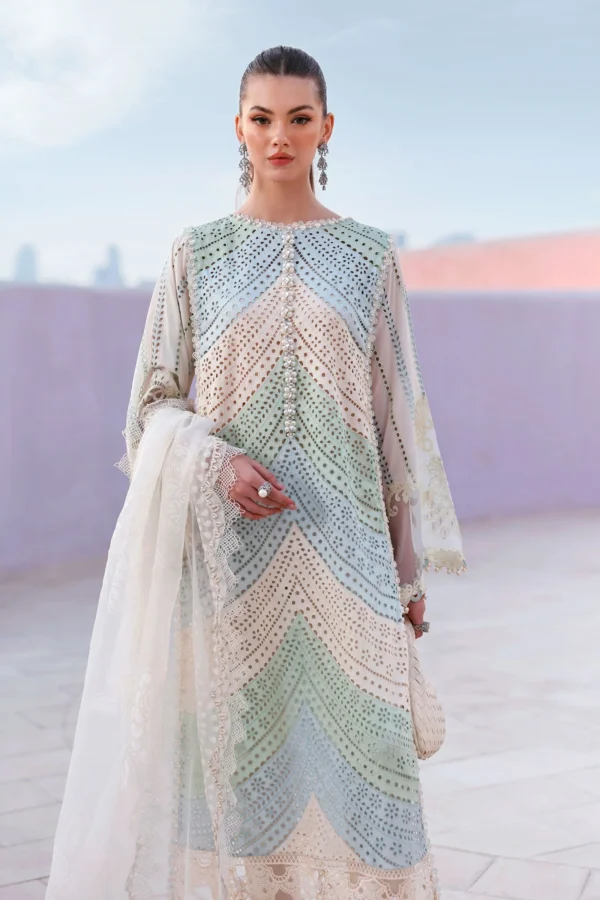 MB-2805B Lawn Unstitched Chicken Kari Embroidered Suit With Printed Organza Dupatta