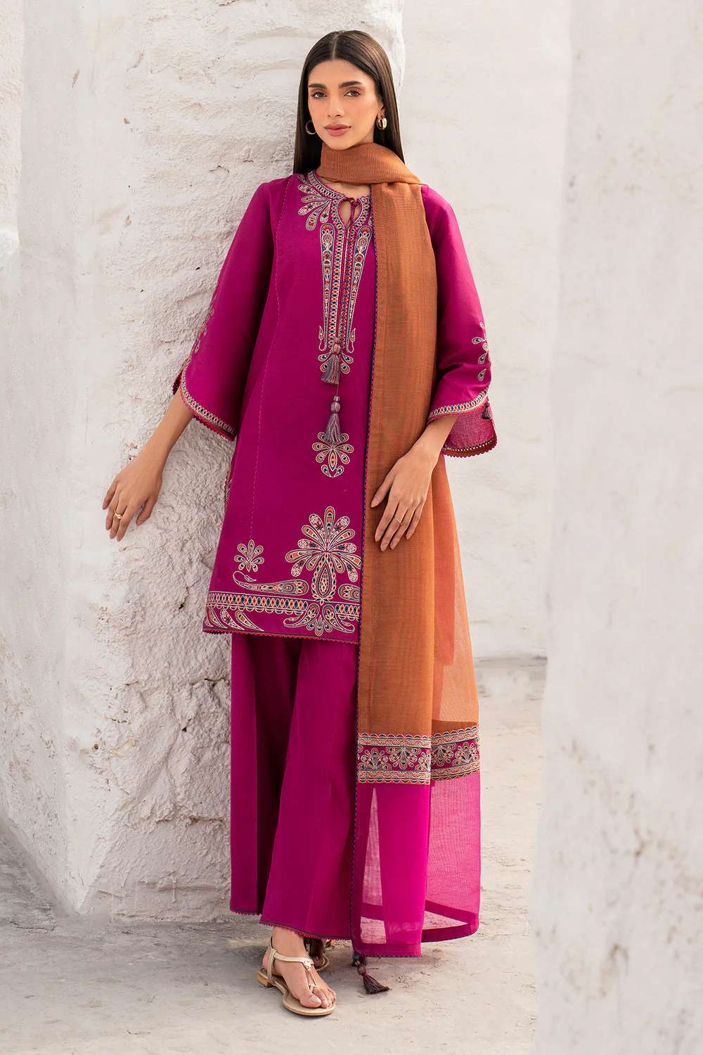 JZ-2830 3 Piece - Unstitched Embroidered Lawn Fabric With Embroidered Chiffon Dupatta