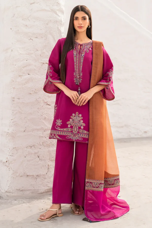 JZ-2830 3 Piece - Unstitched Embroidered Lawn Fabric With Embroidered Chiffon Dupatta