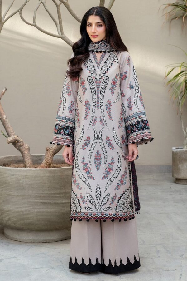 JZ2865 Lawn Unstitched Embroidered 3pc Suit With Soft Monar Digital Printed Dupatta