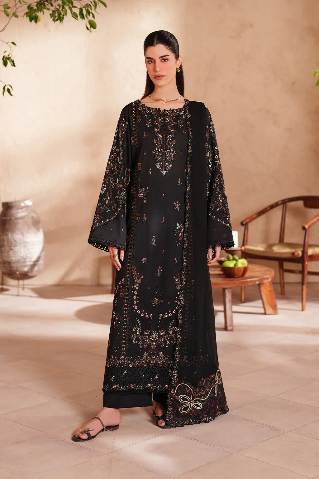 Unstitched Fully Embroidered Lawn Suit With Chiffon (4 Sided Embroidered Lace) Embroidered Dupatta